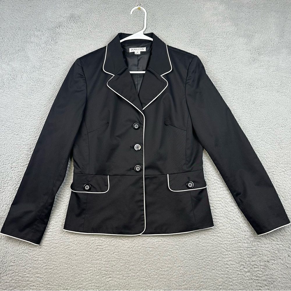 Pendleton Blazer Womens 8 Black‎ White Trimmed 3 Button Business Casual Wedding